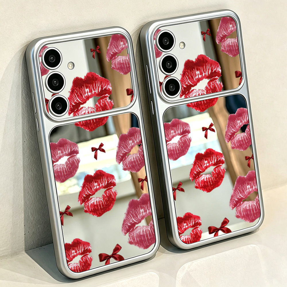 Computer Case - Telefoonhoesje met rood lippenpatroon en spiegel